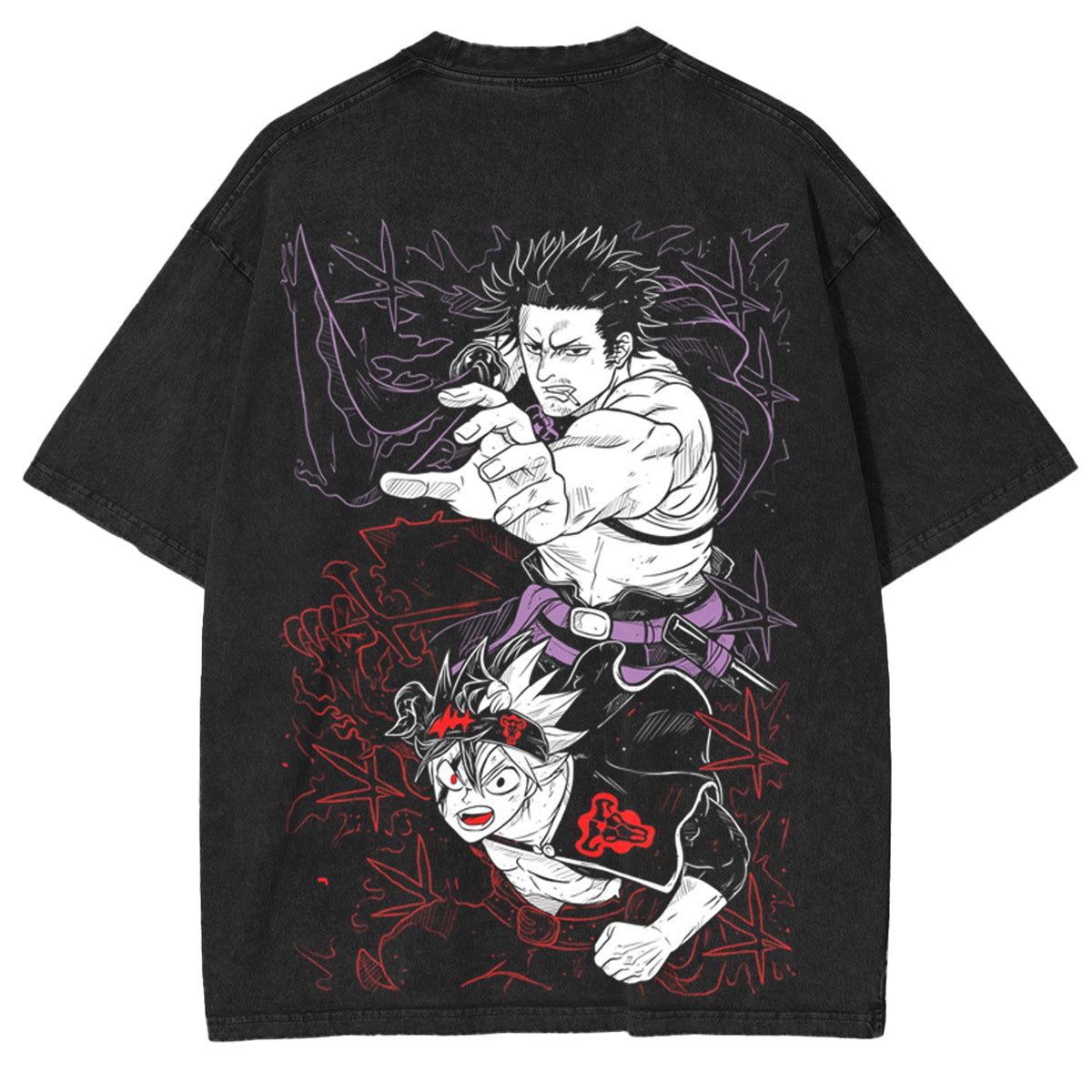 T-shirt Unisexe Double Imprimé Asta Yuno Black Clover Anime Effet Vintage Délavé