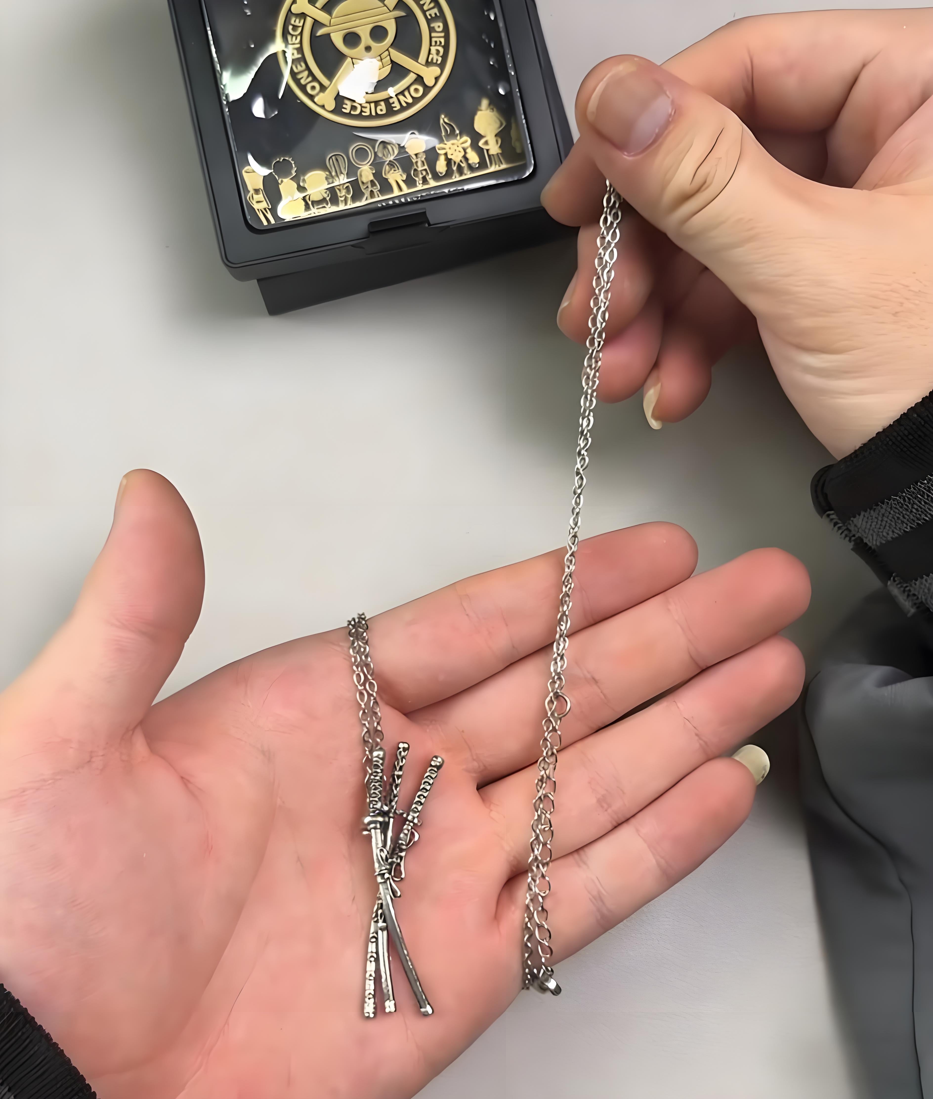 One Piece Pirate Hunter's Blades: Roronoa Zoro Katana Pendant Necklace - Detailed Santoryu Sword Set Accessory