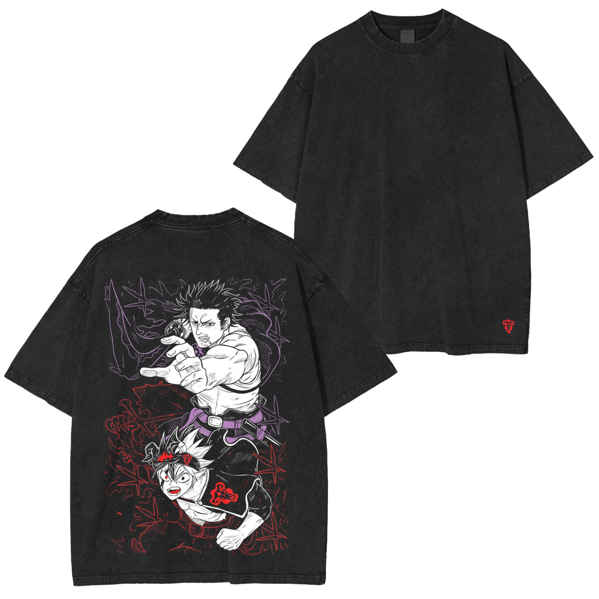 T-shirt Unisexe Double Imprimé Asta Yuno Black Clover Anime Effet Vintage Délavé