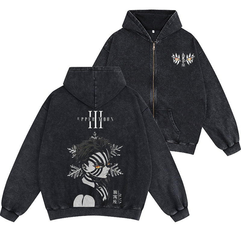 Akaza,Demon Slayer Unisex Washed Zip Up Hoodie
