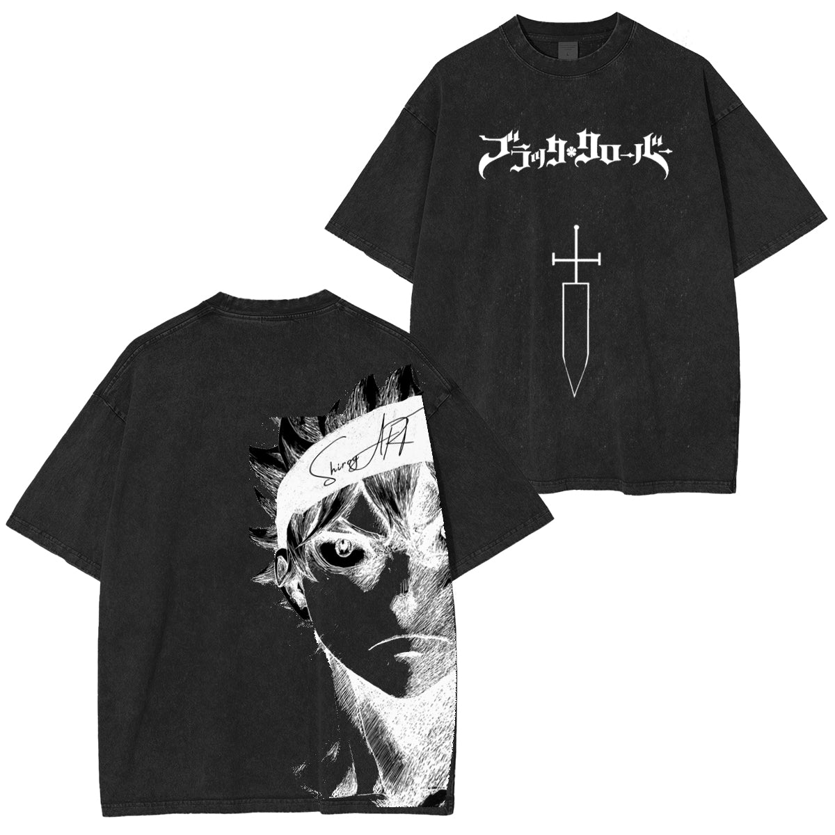 T-shirt unisexe Black Clover Anime double imprimé délavé style vintage