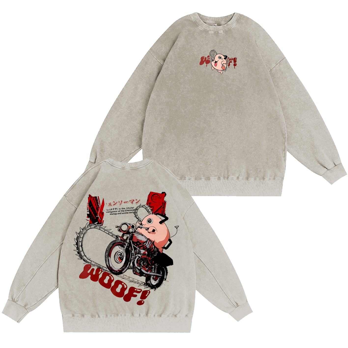 Sweat-shirt ras du cou unisexe vintage délavé Pochita Chainsaw Man Anime double imprimé