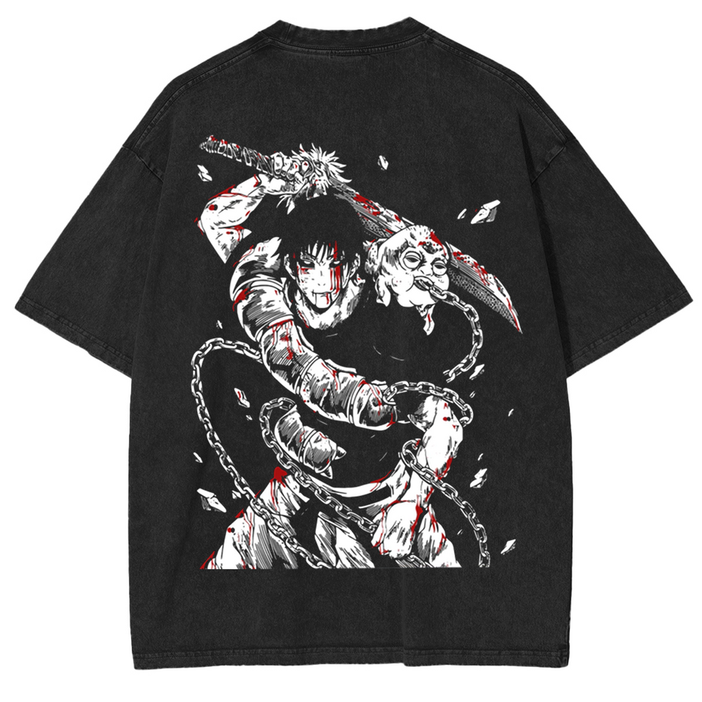 Camisetas de algodón pesadas, ligeras, de gran tamaño y lavado ácido de manga del anime Jujutsu Kaisen "Toji Fushiguro" El Asesino de Hechiceros