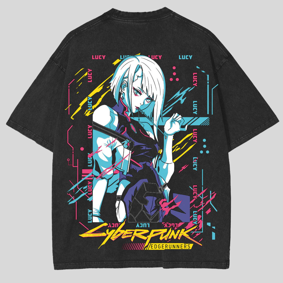 T-shirt léger unisexe délavé à l'acide Lucy Neoncore Edgerunners édition limitée rétro