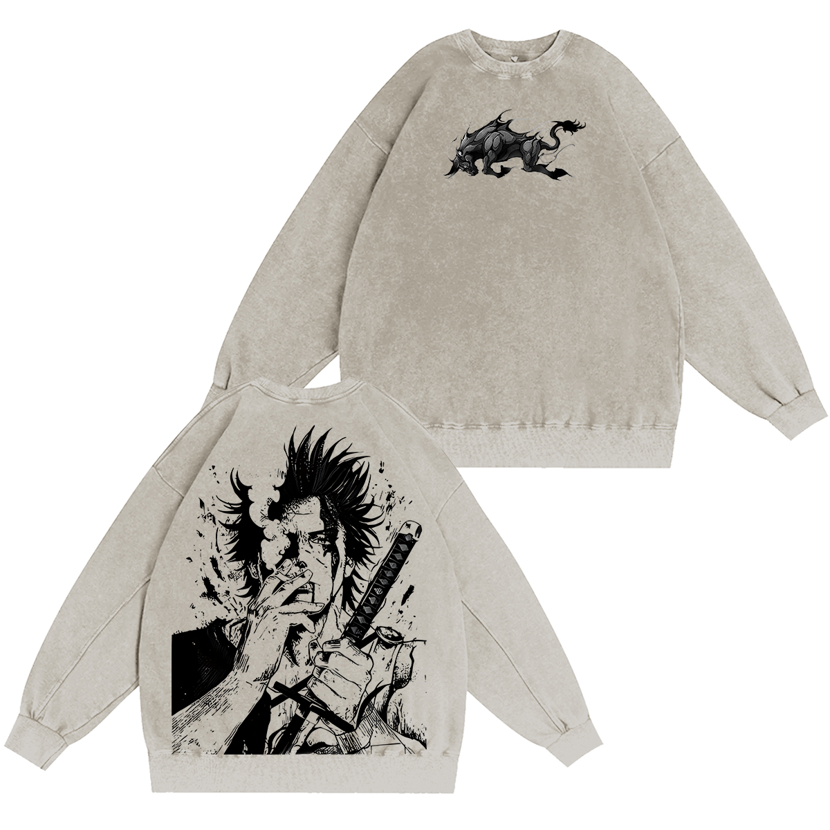 Sudadera unisex vintage lavada con estampado doble de Yami Sukehiro x Black Bulls del anime Black Clover