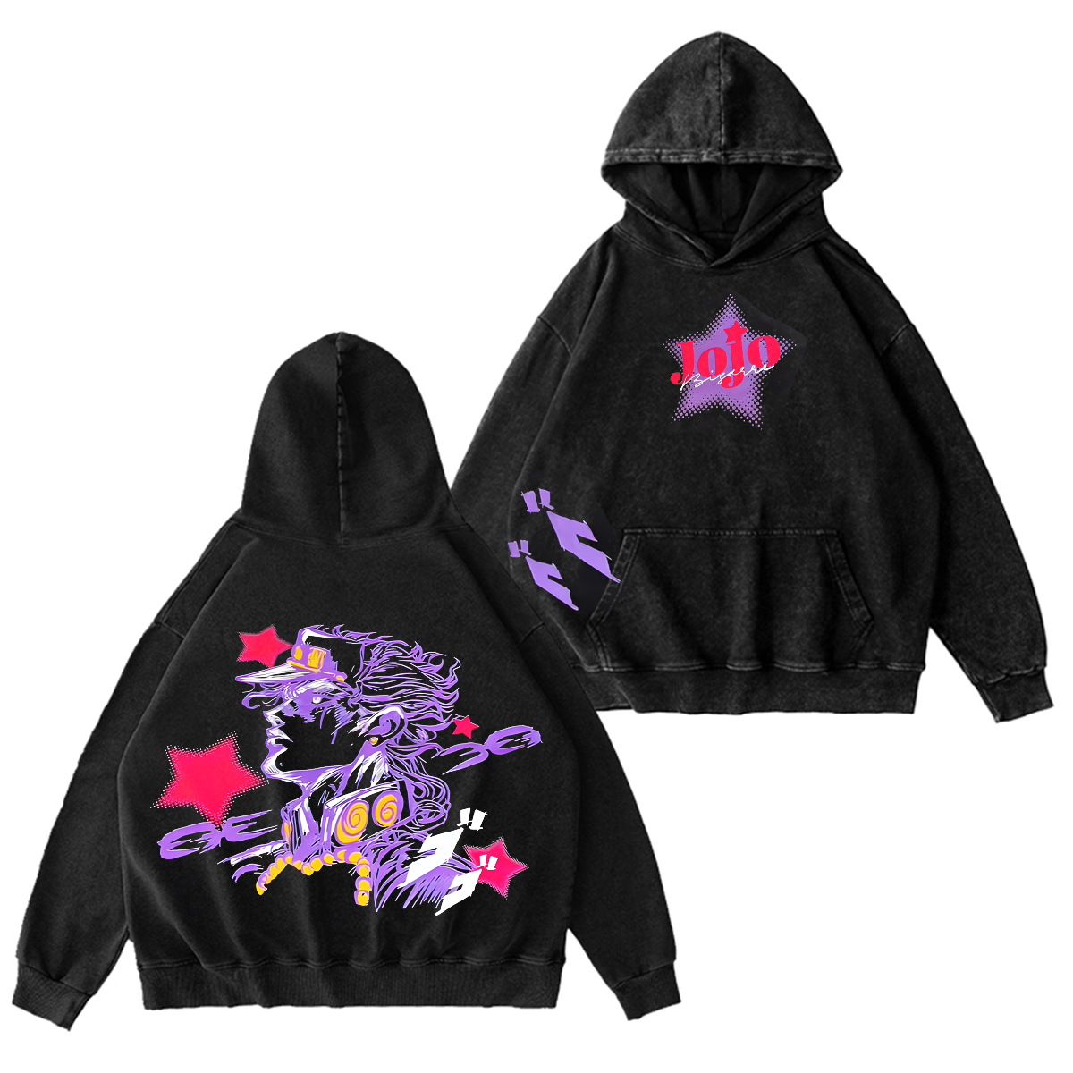 Camiseta/Sudadera/Sudadera con Capucha Oversize Vintage Lavada con Doble Estampado de Joestar JoJo’s Bizarre Adventure
