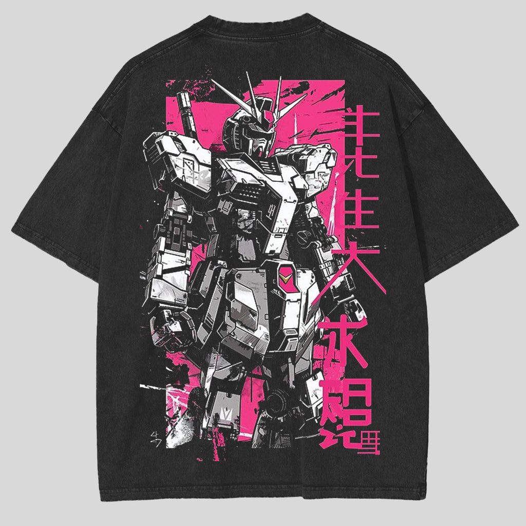 T-Shirt unisexe d'inspiration anime Mobile Suit Gundam rose, effet vieilli