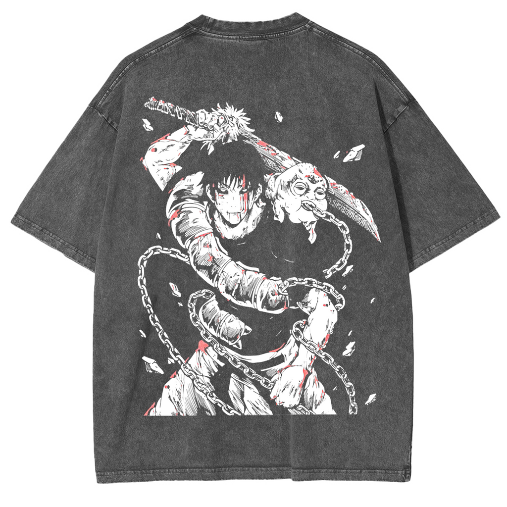 Camisetas de algodón pesadas, ligeras, de gran tamaño y lavado ácido de manga del anime Jujutsu Kaisen "Toji Fushiguro" El Asesino de Hechiceros