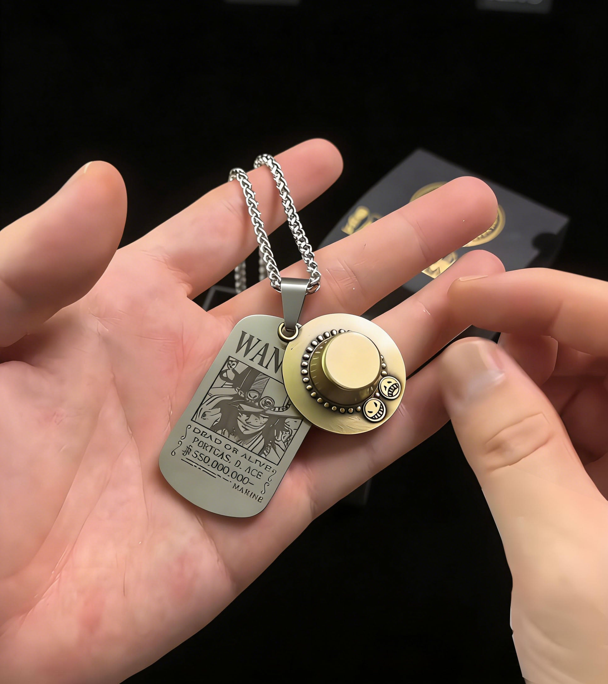 One Piece Portgas D. Ace Necklace - Fire Fist Ace Wanted Poster & Cowboy Hat Double Pendant - Anime Cosplay Jewelry for Men