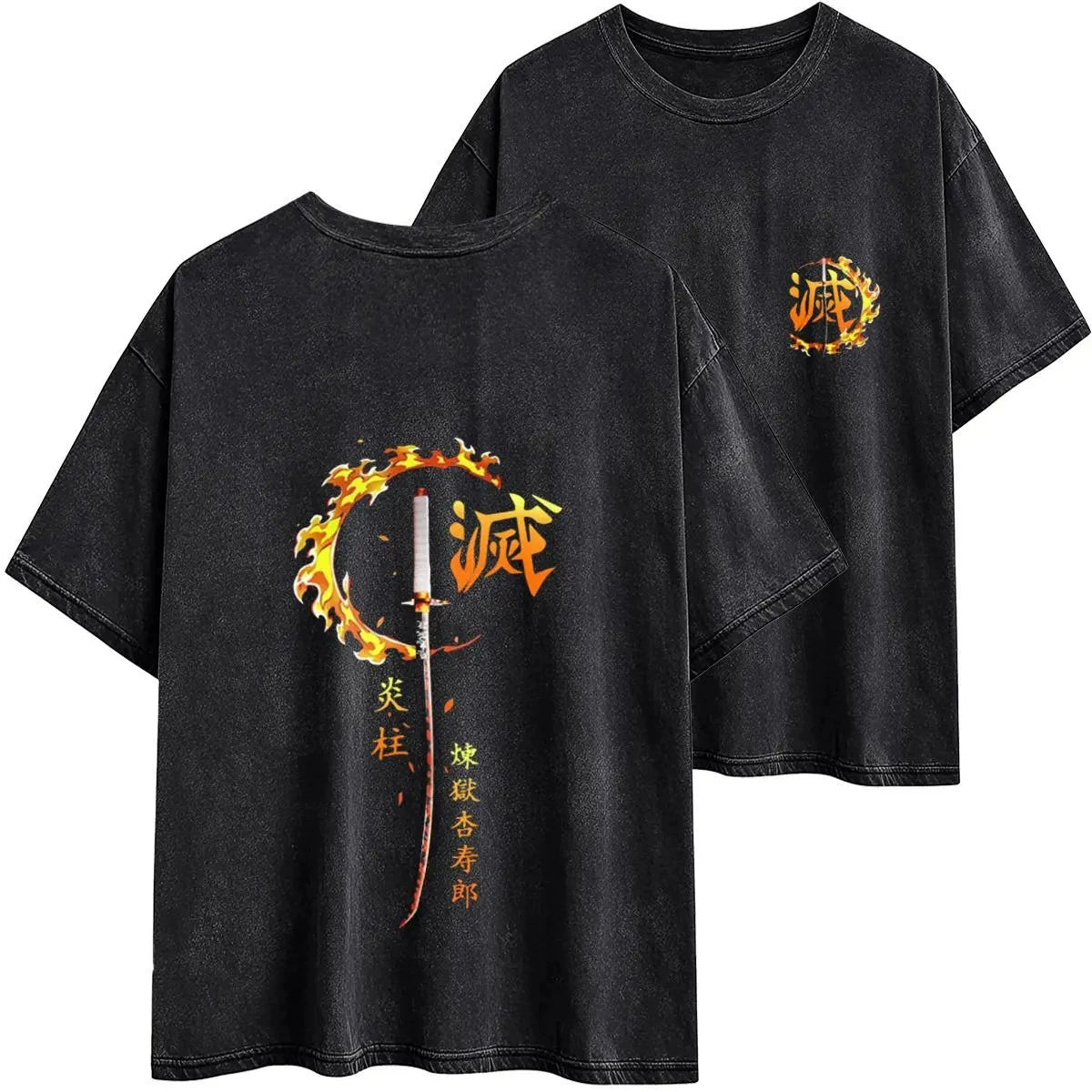 Kyojuro Rengoku Katana 90s Graphic Tee ¨C Demon Slayer Unisex Black Cotton Blend T-Shirt