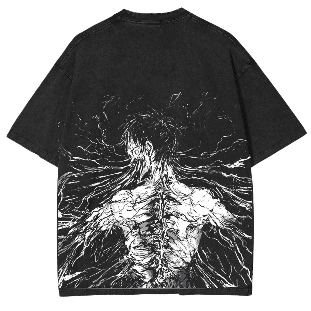Retro Heavy Eren Yeager x Attack On Titan Anime Printed Oversized Washed T-Shirt