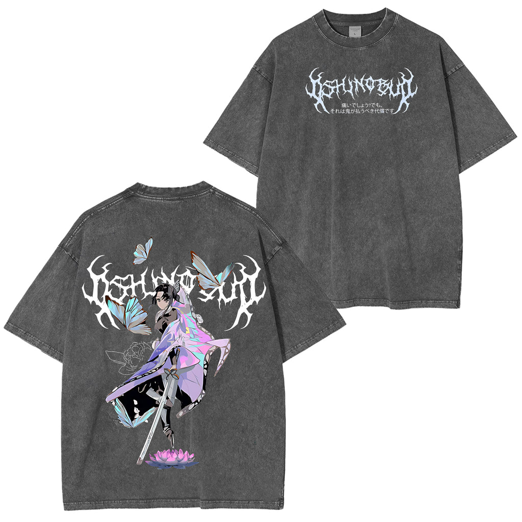 Camiseta lavada con doble estampado del anime Demon Slayer Kimetsu no Yaiba