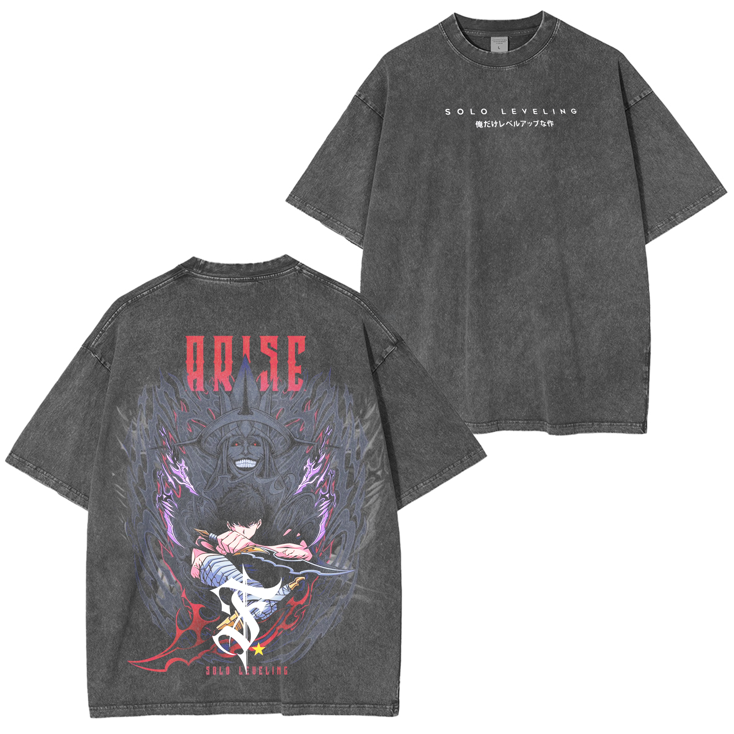 Camiseta ligera oversize con lavado ácido y doble estampado de Sung Woo Jin Anime