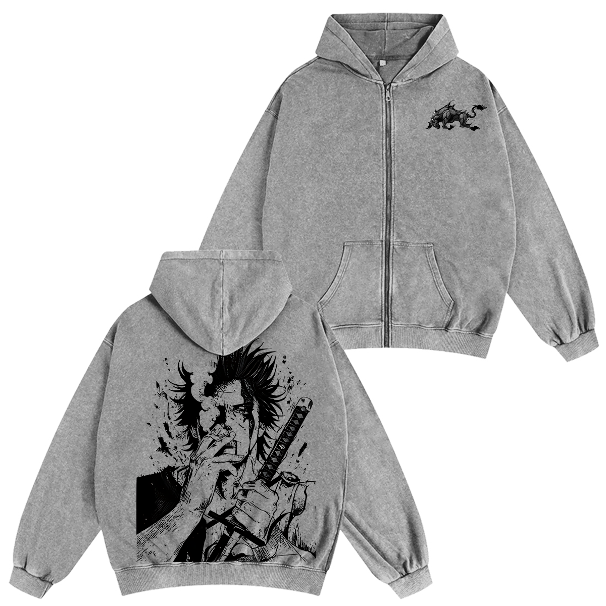 Yami Sukehiro x Black Bulls Black Clover Anime Double Printed Vintag Unisex Washed Zip Up Hoodie
