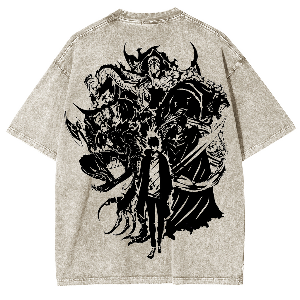 T-shirt en coton délavé animé Solo Leveling de Sung Jin Woo, édition limitée rétro