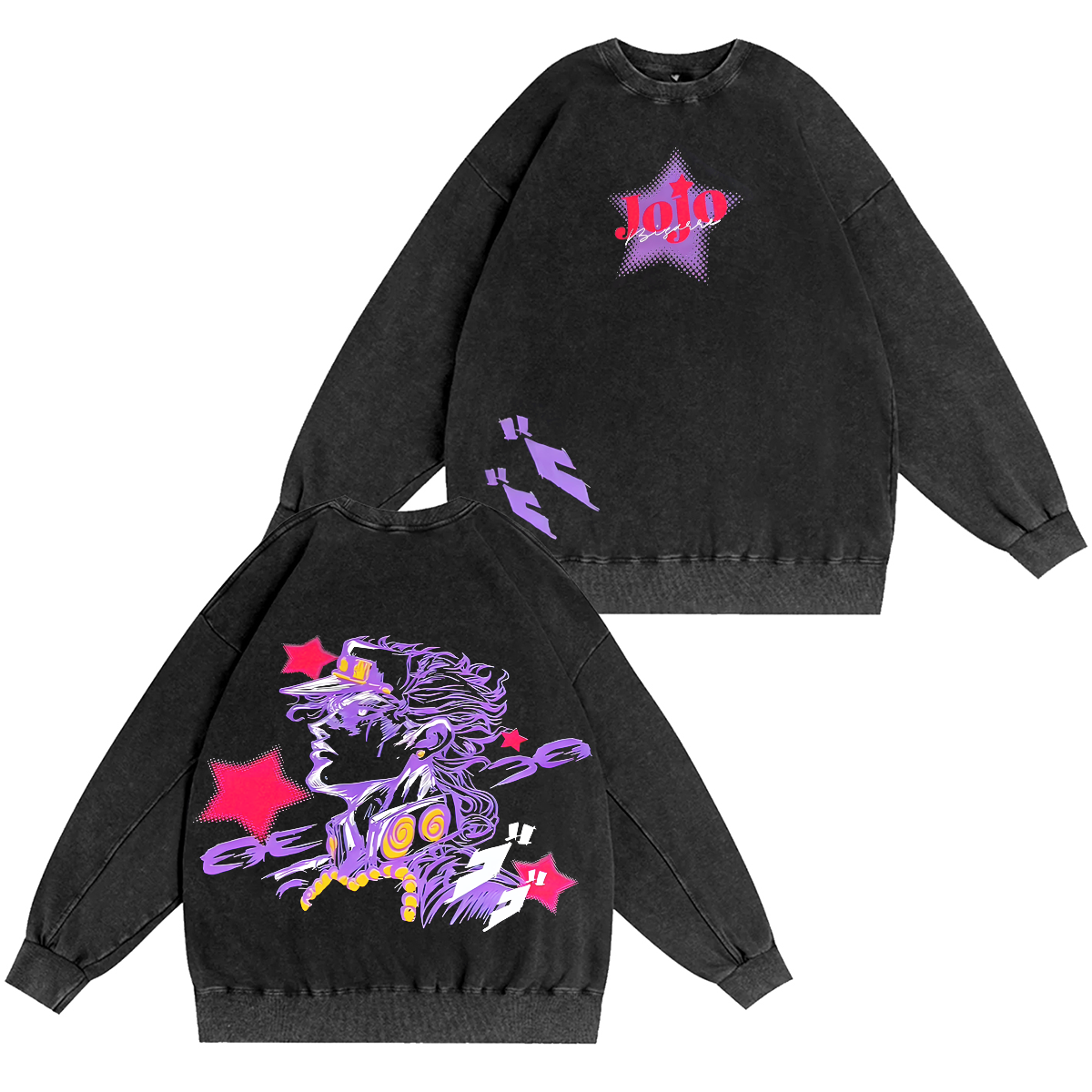 Camiseta/Sudadera/Sudadera con Capucha Oversize Vintage Lavada con Doble Estampado de Joestar JoJo’s Bizarre Adventure
