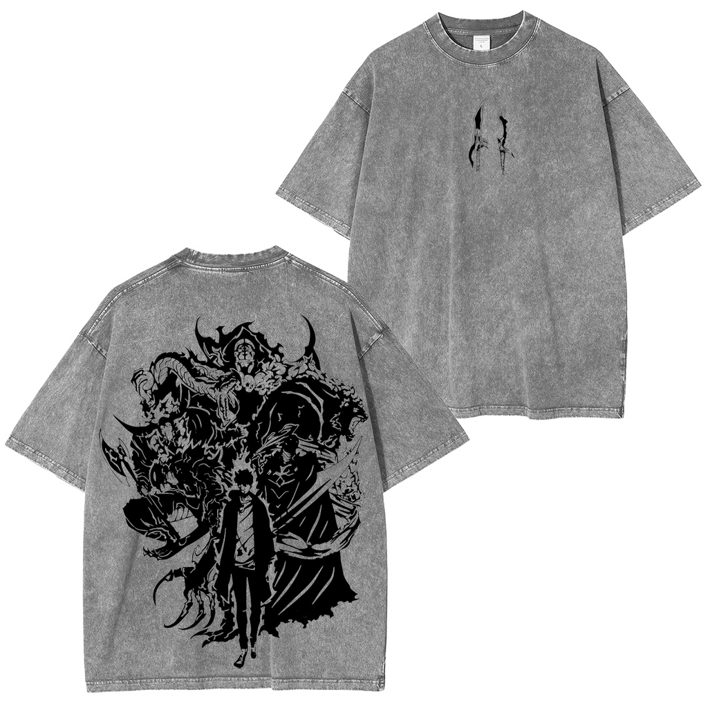 T-shirt en coton délavé animé Solo Leveling de Sung Jin Woo, édition limitée rétro