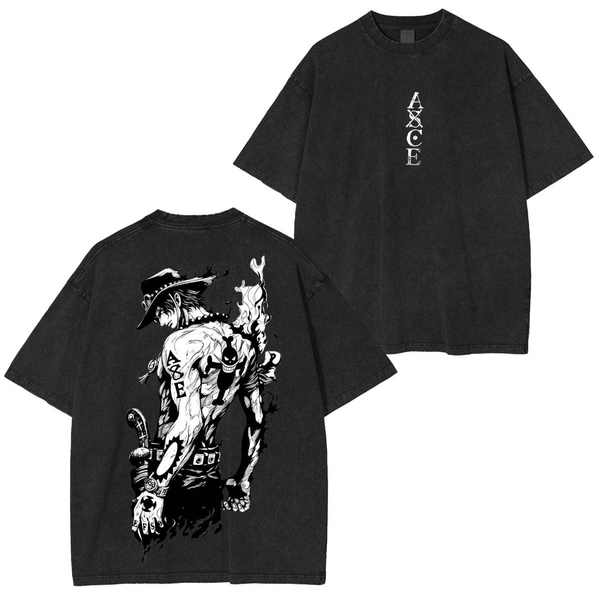 Portgas D. Ace One Piece Anime Double Printed Vintage Washed Tee