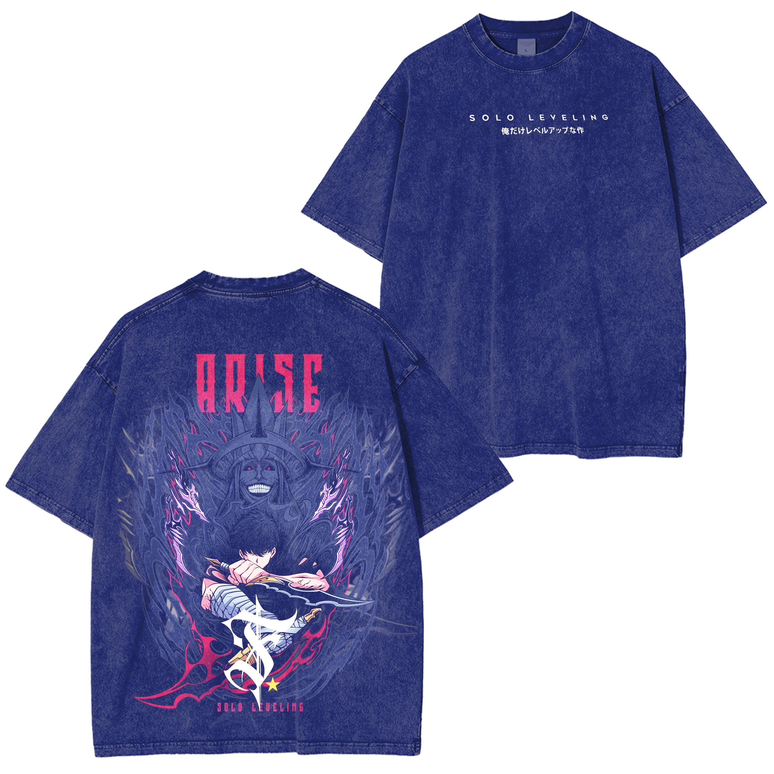 Camiseta ligera oversize con lavado ácido y doble estampado de Sung Woo Jin Anime