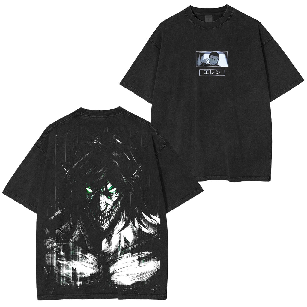 Retro Heavy Eren Yeager x Attack On Titan V2 Anime Double Printed Men's Vintage Tees Oversized Washed Tee