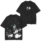 Retro Heavy Eren Yeager x Attack On Titan V2 Anime Double Printed Men's Vintage Tees Oversized Washed Tee