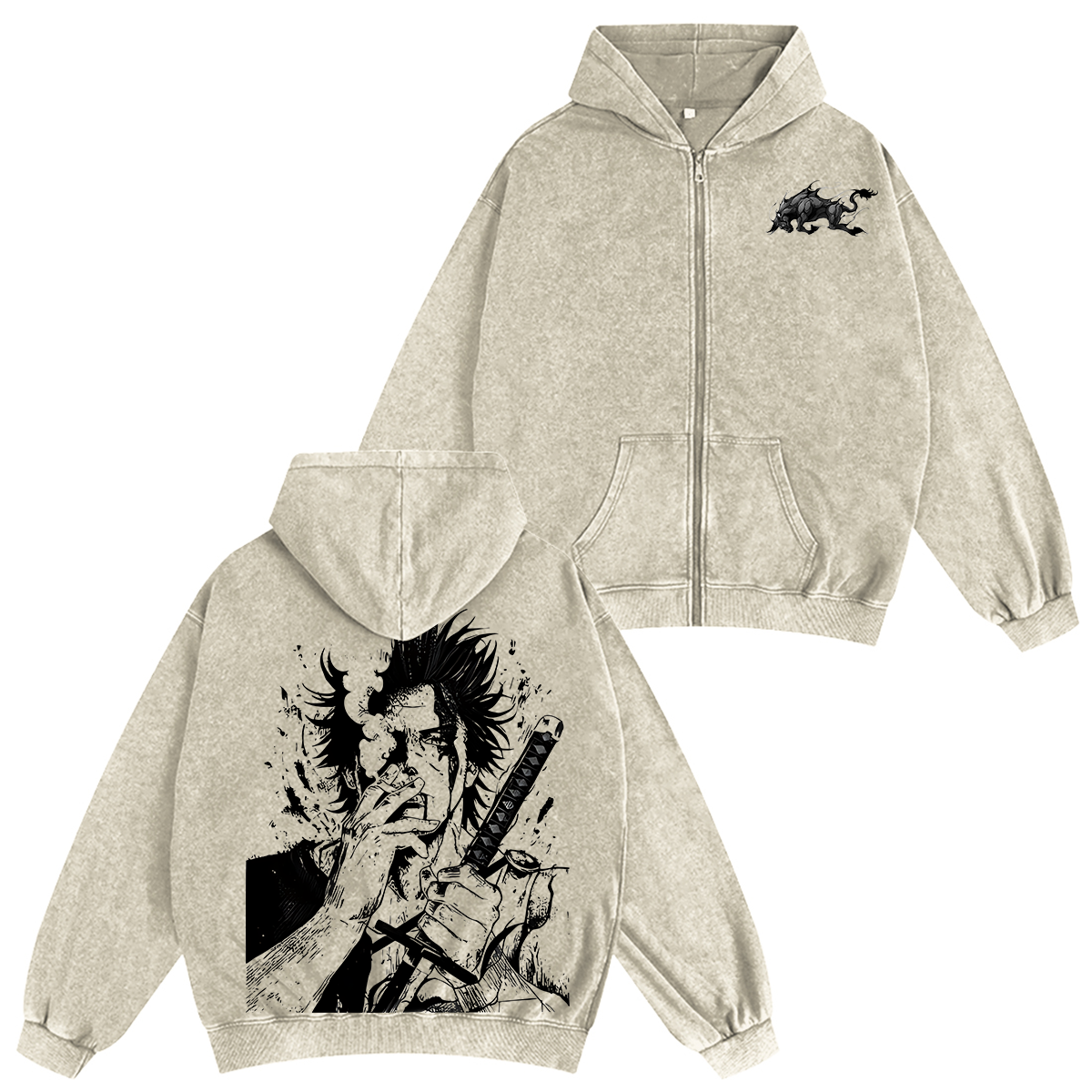 Yami Sukehiro x Black Bulls Black Clover Anime Double Printed Vintag Unisex Washed Zip Up Hoodie