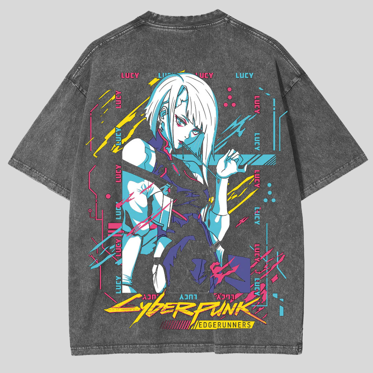 T-shirt léger unisexe délavé à l'acide Lucy Neoncore Edgerunners édition limitée rétro