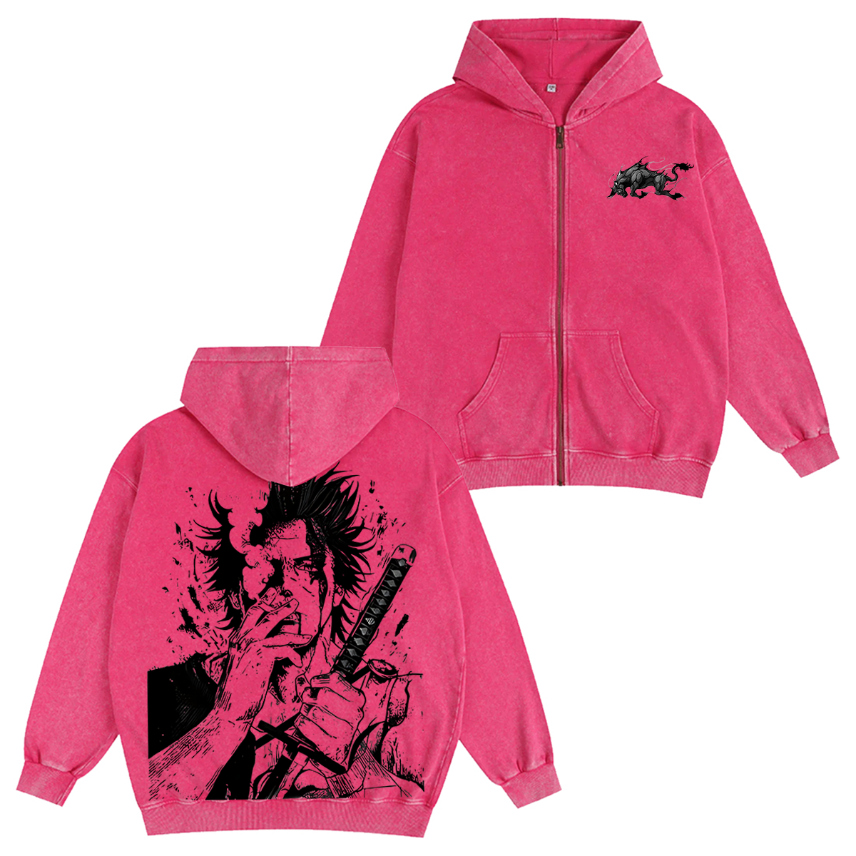 Yami Sukehiro x Black Bulls Black Clover Anime Double Printed Vintag Unisex Washed Zip Up Hoodie