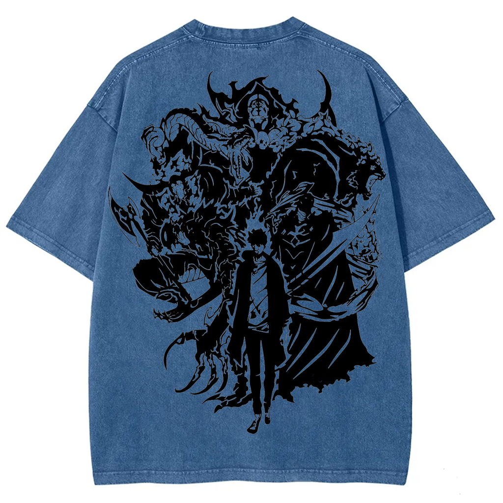 T-shirt en coton délavé animé Solo Leveling de Sung Jin Woo, édition limitée rétro