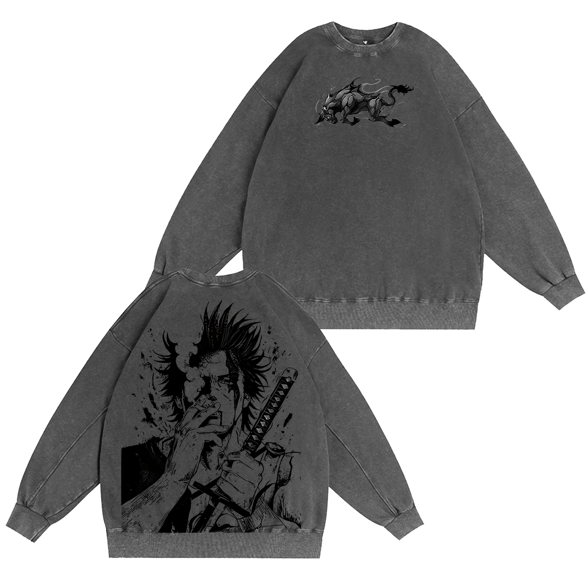 Sudadera unisex vintage lavada con estampado doble de Yami Sukehiro x Black Bulls del anime Black Clover