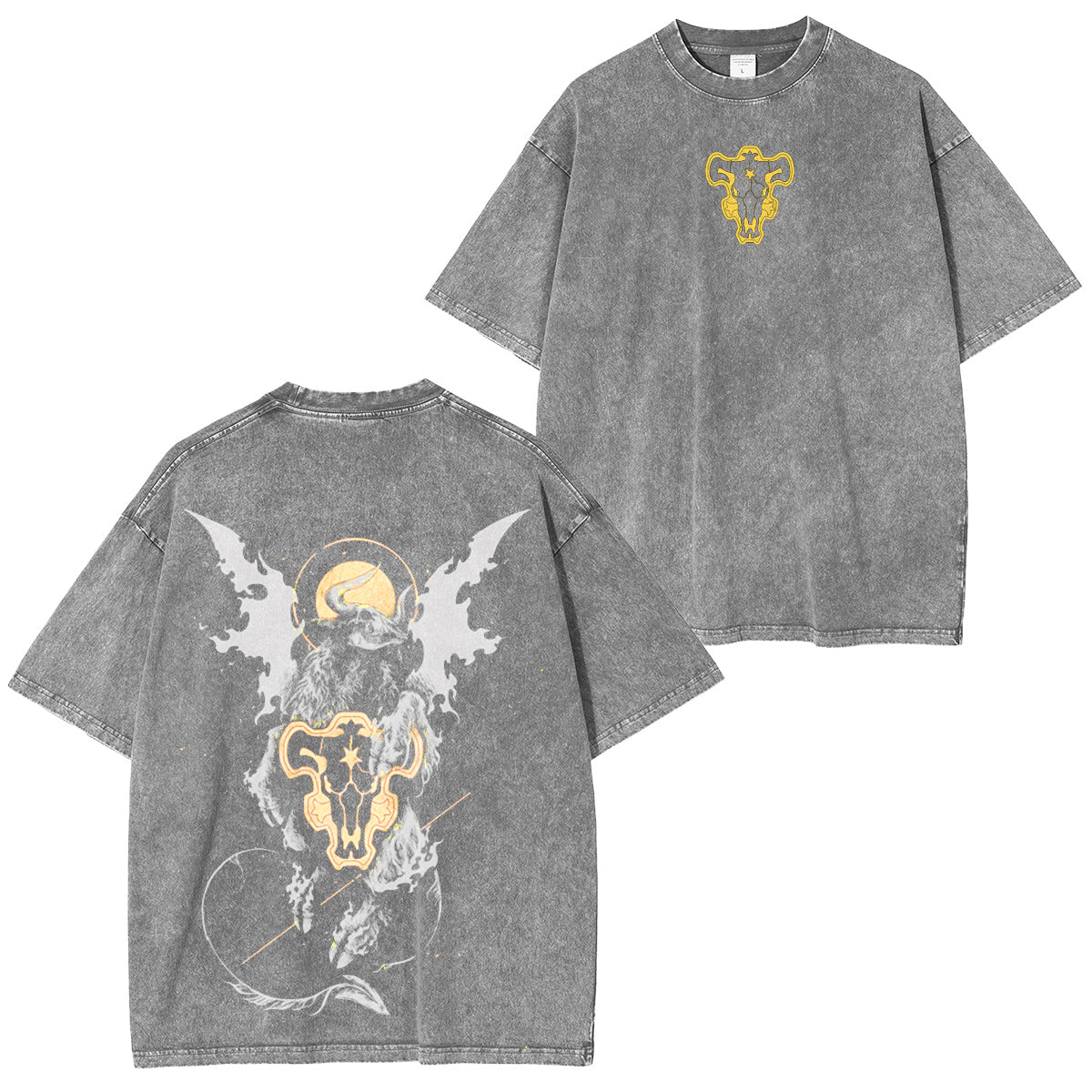 T-shirt délavé vintage double imprimé anime Black Clover