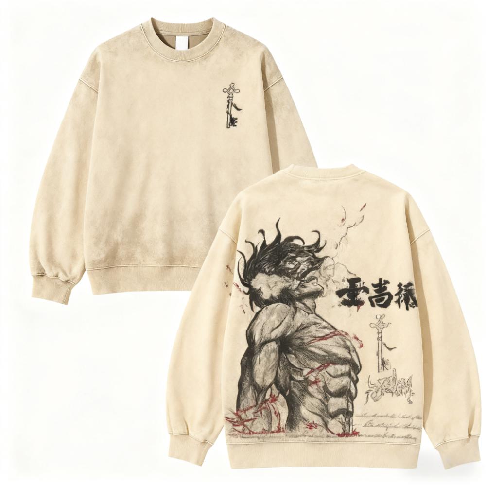 Attack on Titan Eren Yeager Vintage Washed Pullover Crew Neck Sweatshirt