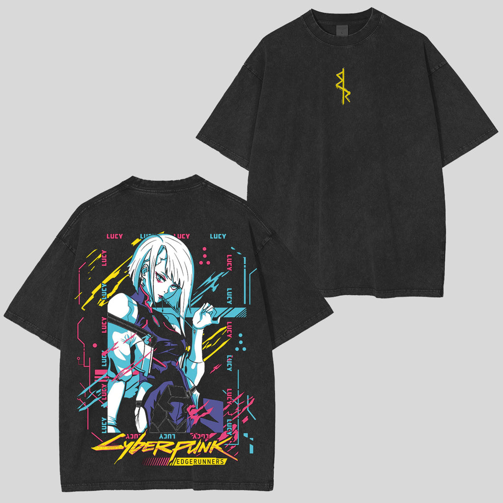 T-shirt léger unisexe délavé à l'acide Lucy Neoncore Edgerunners édition limitée rétro
