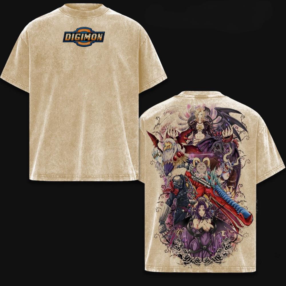 Camiseta/Sudadera/Sudadera con Capucha Vintage Lavada Doble del Anime Digimon de los Siete Pecados Capitales