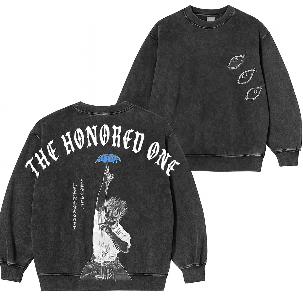 Nysekai "Satoru Gojo The Honored One" Jujutsu Kaisen Vintage Washed Pullover Crew Neck Sweatshirt