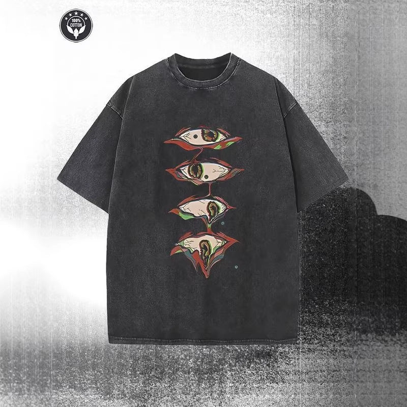 230G Couple Vintage Washed Printed T Shirt Eye Patte