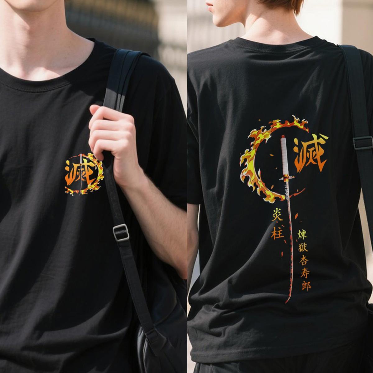 Cross-Border European Code Demon Slayer Kyojuro Rengoku Katana T-Shirt-90S Slay