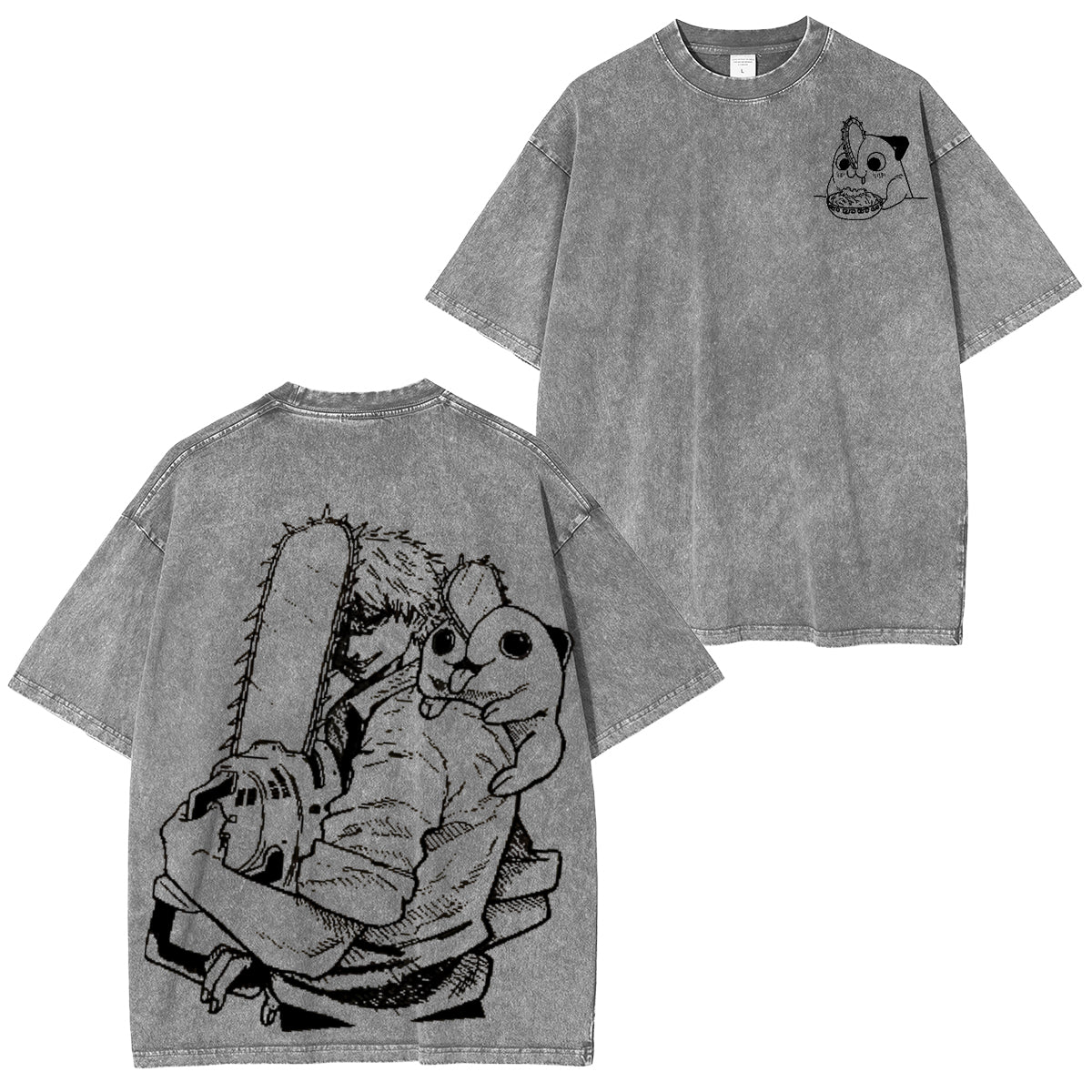 Camiseta vintage lavada unisex Chainsaw Man Denji y Pochita