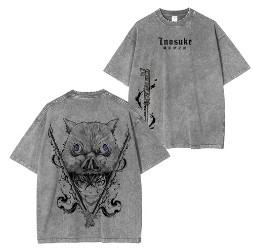Inosuke, T-shirt unisexe délavé Anime Demon Slayer