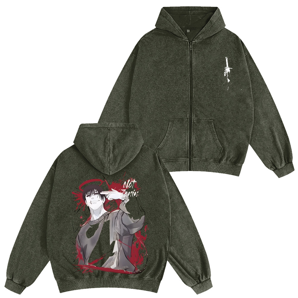 Sudadera con capucha unisex lavada con cremallera del anime Jujutsu Kaisen