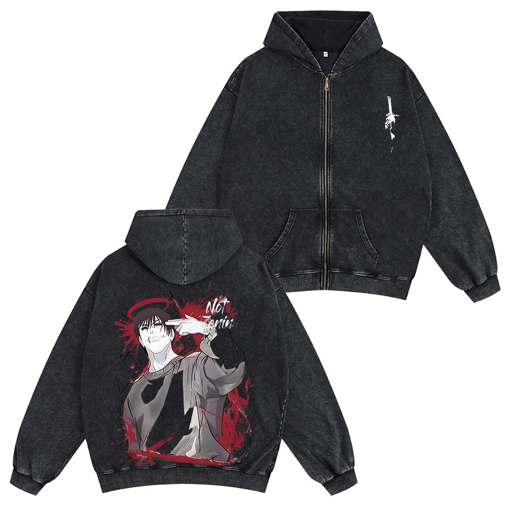 Sudadera con capucha unisex lavada con cremallera del anime Jujutsu Kaisen