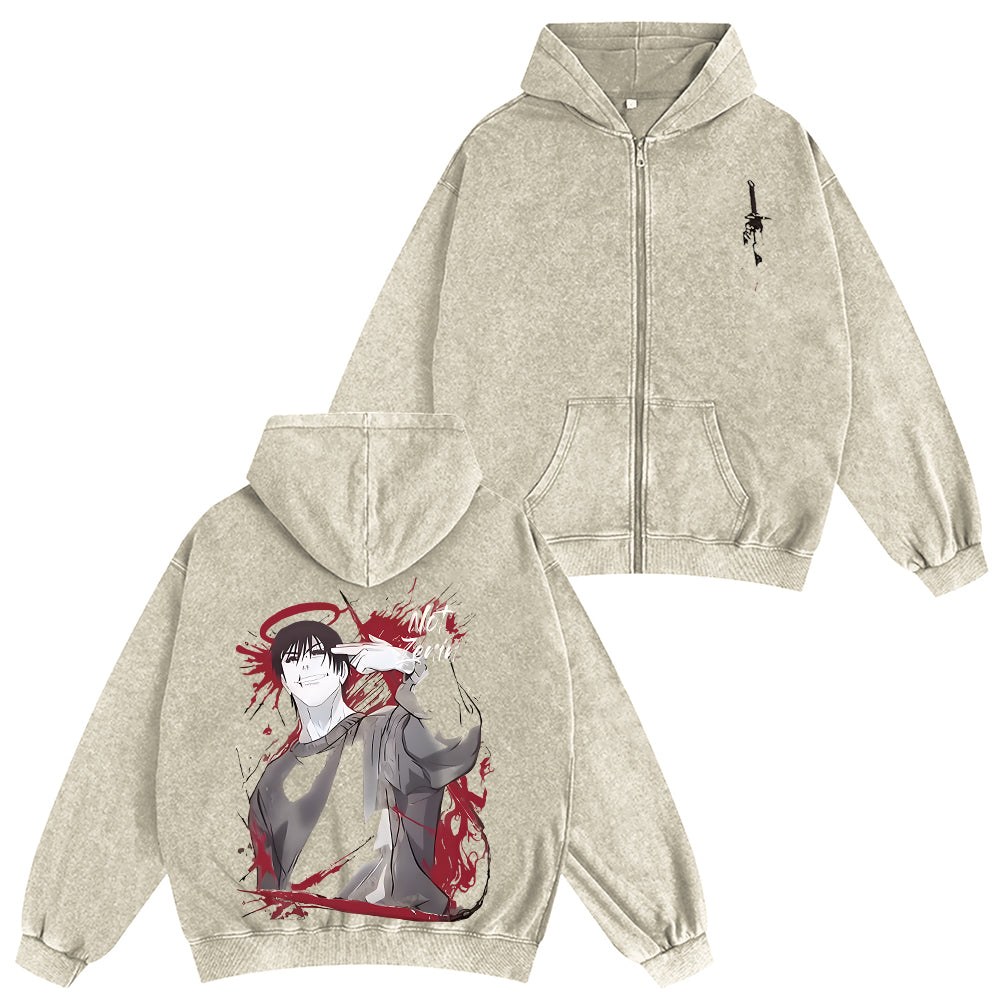 Sudadera con capucha unisex lavada con cremallera del anime Jujutsu Kaisen