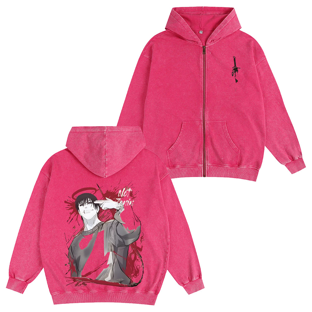 Sudadera con capucha unisex lavada con cremallera del anime Jujutsu Kaisen