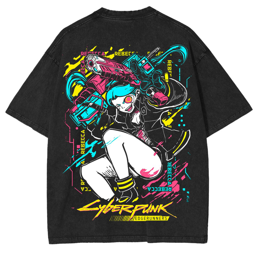 T-shirt Unisexe Lavé Cyberpunk 2077, Anime Cyberpunk Edgerunners Rebecca