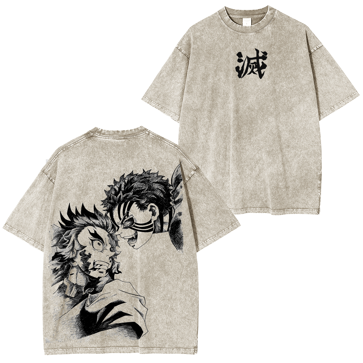 Camiseta unisex lavada de anime Kimetsu no Yaiba Rengoku - Akaza