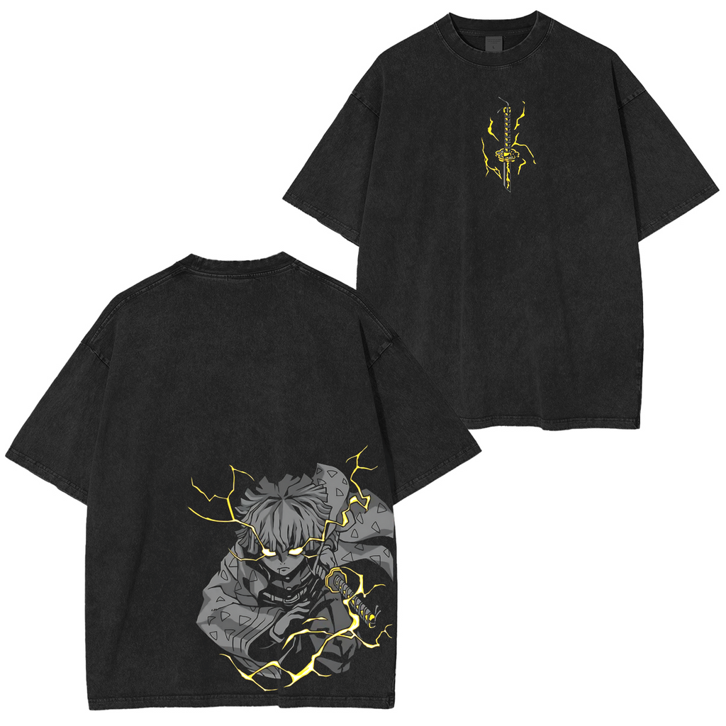 T-shirt unisexe délavé Zenitsu Agatsuma, anime Demon Slayer