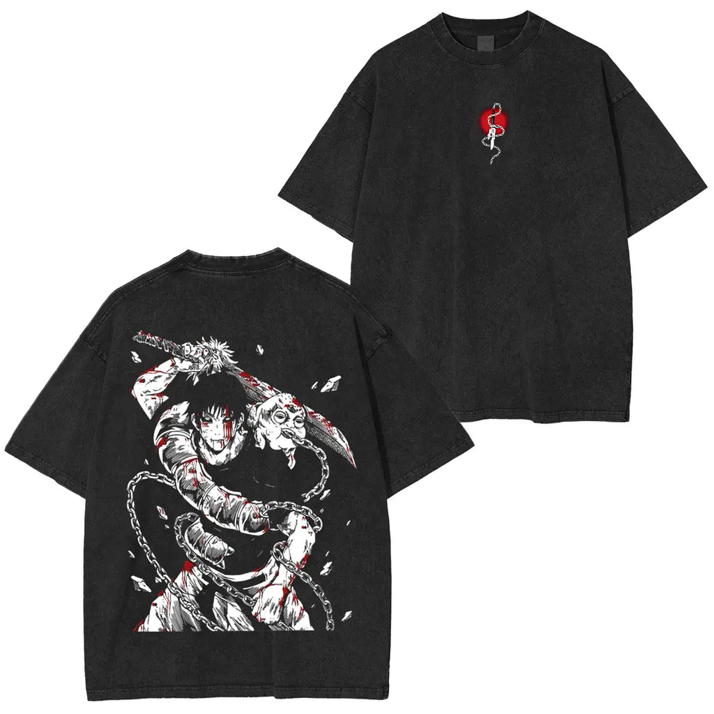 Camisetas de algodón pesadas, ligeras, de gran tamaño y lavado ácido de manga del anime Jujutsu Kaisen "Toji Fushiguro" El Asesino de Hechiceros