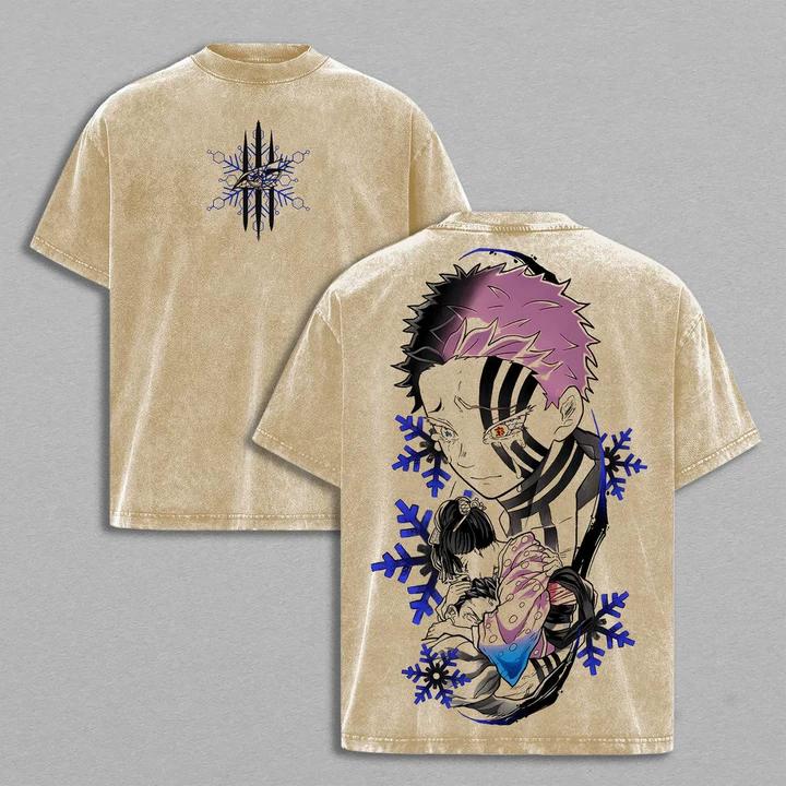 Camiseta extragrande lavada Akaza vs Koyuki – Camiseta vintage de algodón pesado de anime de Demon Slayer